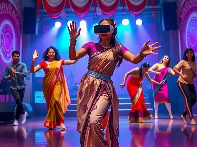 Player wearing VR headset dancing to Bollywood music in Bollywood VR Dance Fusion
